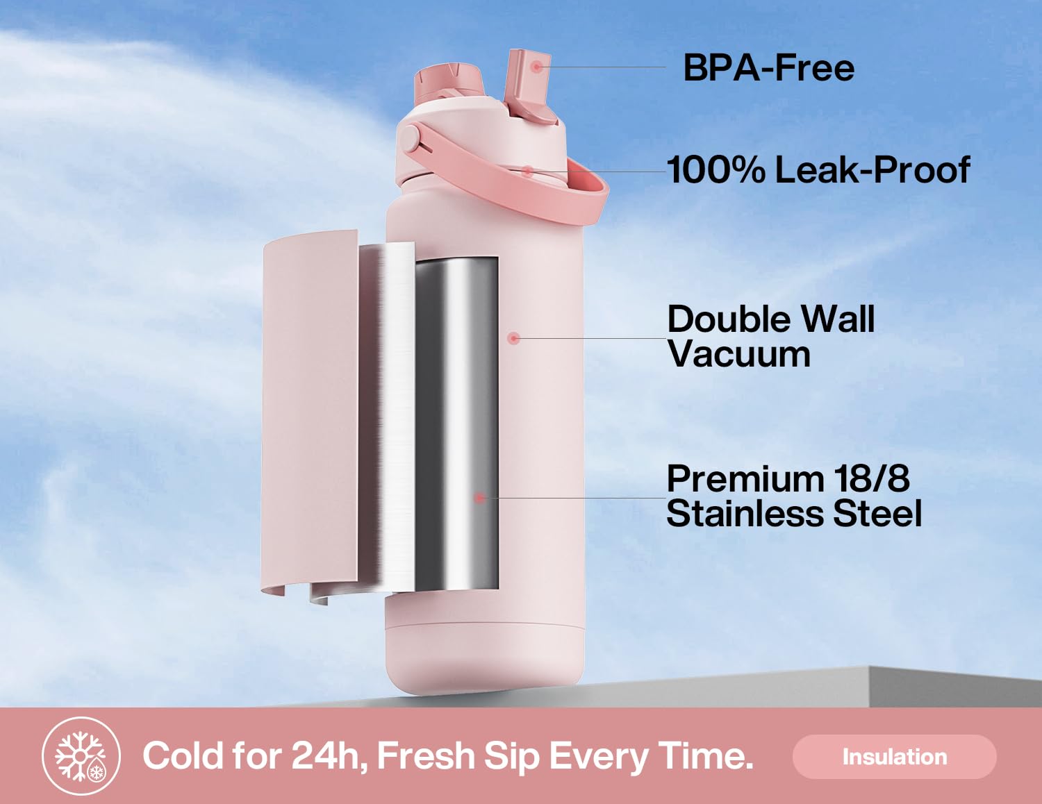 POWCAN bottle with double-wall insulation keeps drinks cold for 24 hours during workouts.