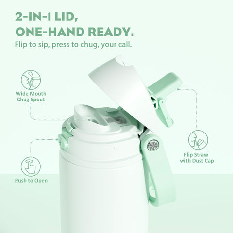 POWCAN 24 oz bottle dual-style lid enables flip sip or press sip for busy days