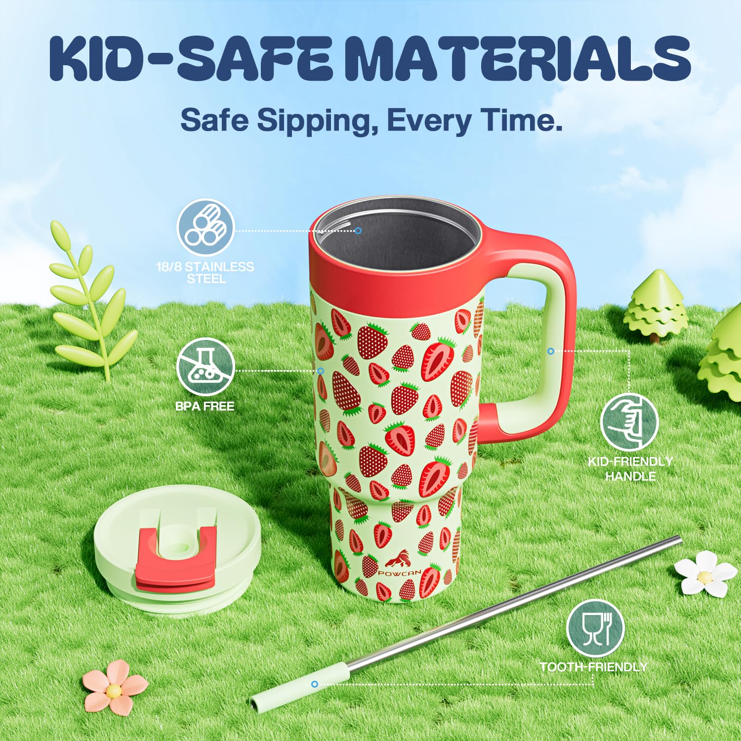 POWCAN 24 oz tumbler in classroom with a child demonstrates easy handling