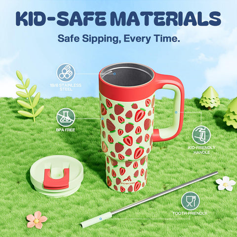 POWCAN 24 oz tumbler in classroom with a child demonstrates easy handling