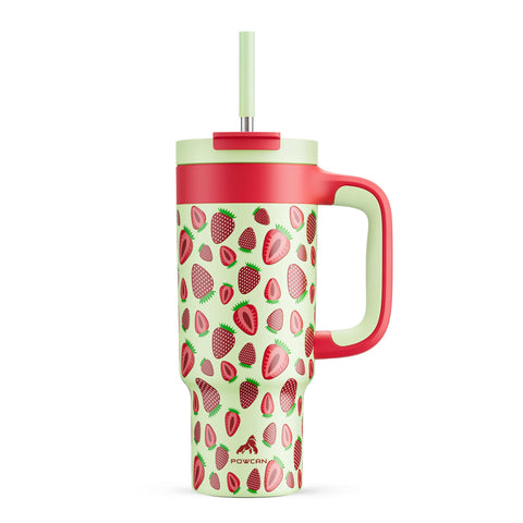 POWCAN 24 oz tumbler with easy-grip handle and strawberry-pop butterfly design for kids
