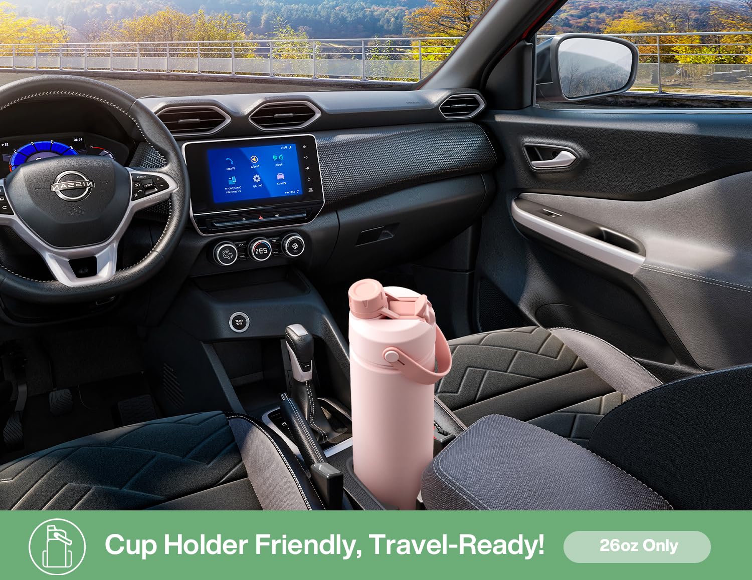 Powcan mint bottle in cup holder fits cars for on-the-go hydration.