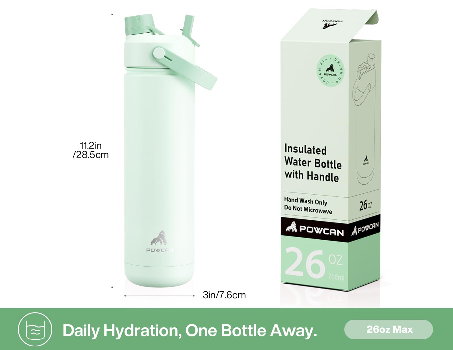 Powcan mint bottle wide mouth for easy cleaning and filling.