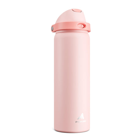 POWCAN 32oz insulated bottle with dual lid for one-handed use during travel.