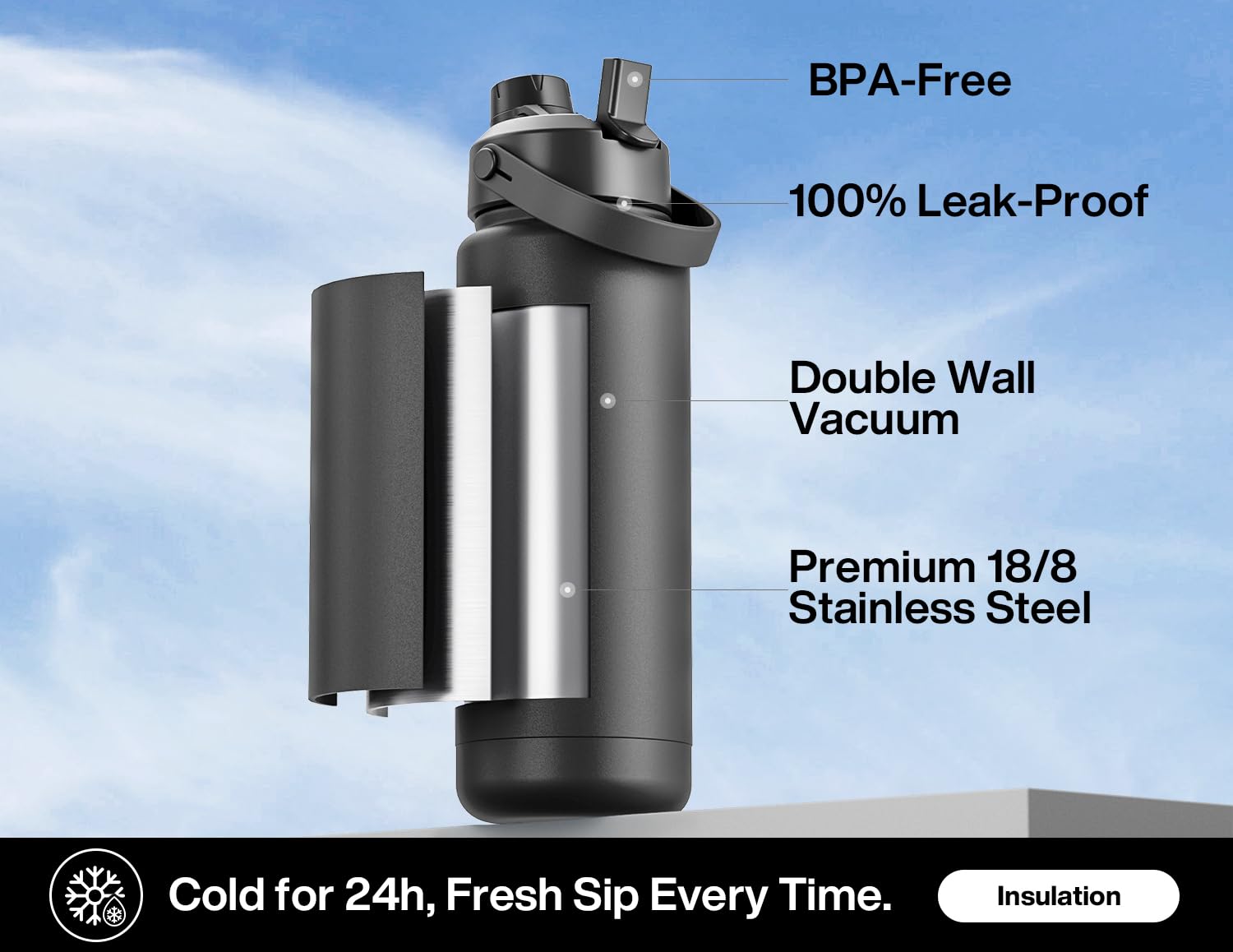 POWCAN insulated bottle 32 oz with ice-cold retention for hours.