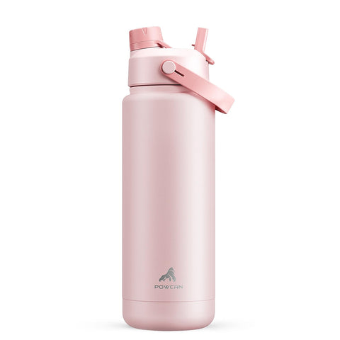 POWCAN 32 oz insulated bottle with straw-spout lid keeps drinks cold and easy to sip.