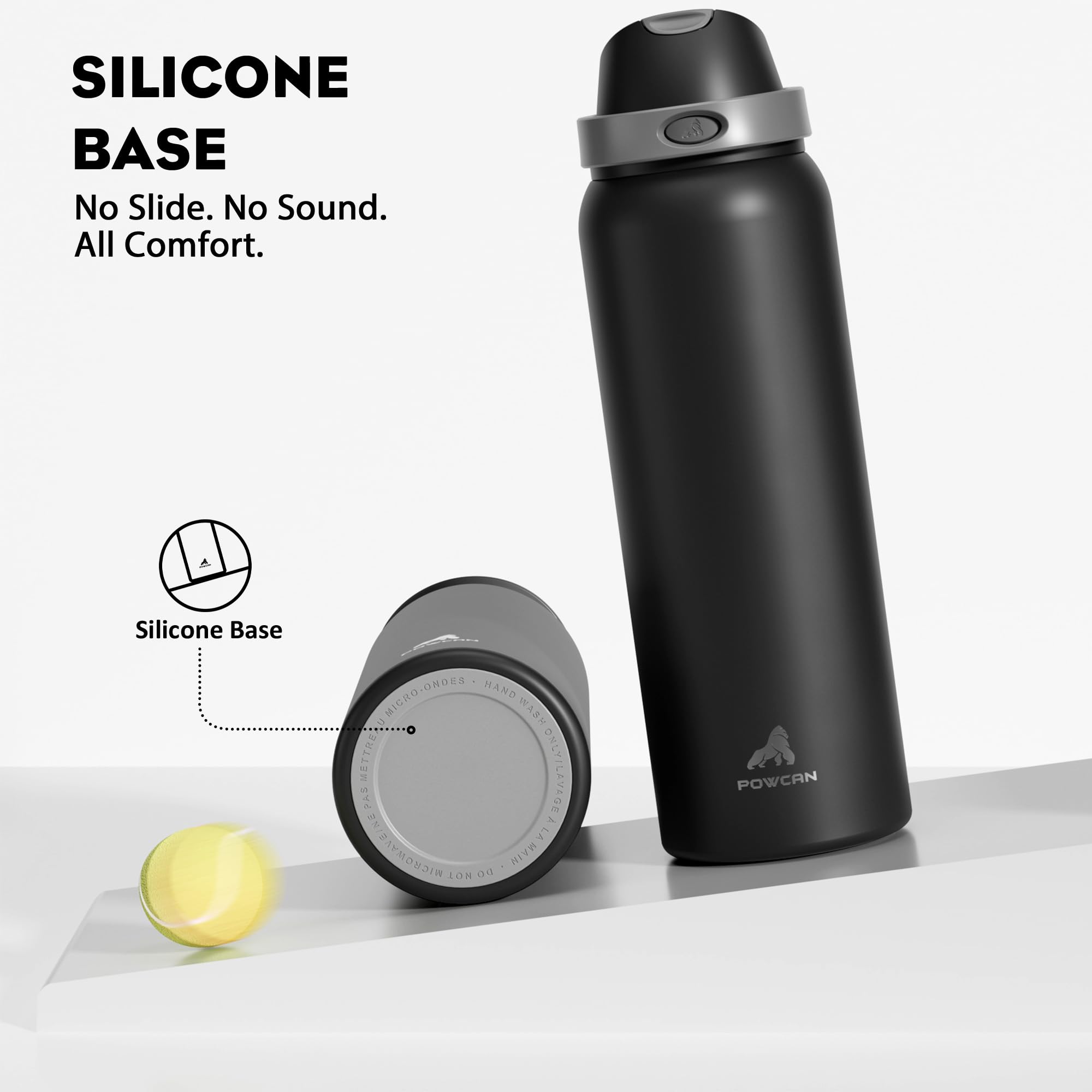 POWCAN bottle with silicone base for stable, quiet placement