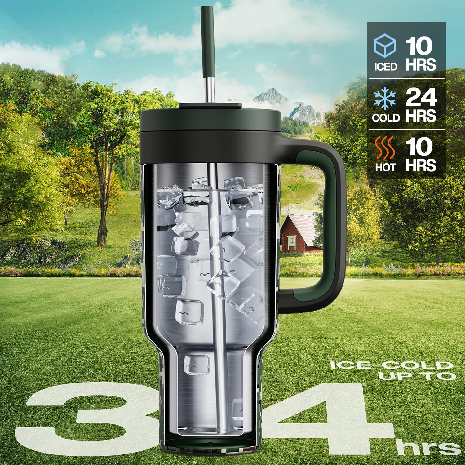 Side view of the POWCAN tumbler with handle emphasizes a secure grip for travel.