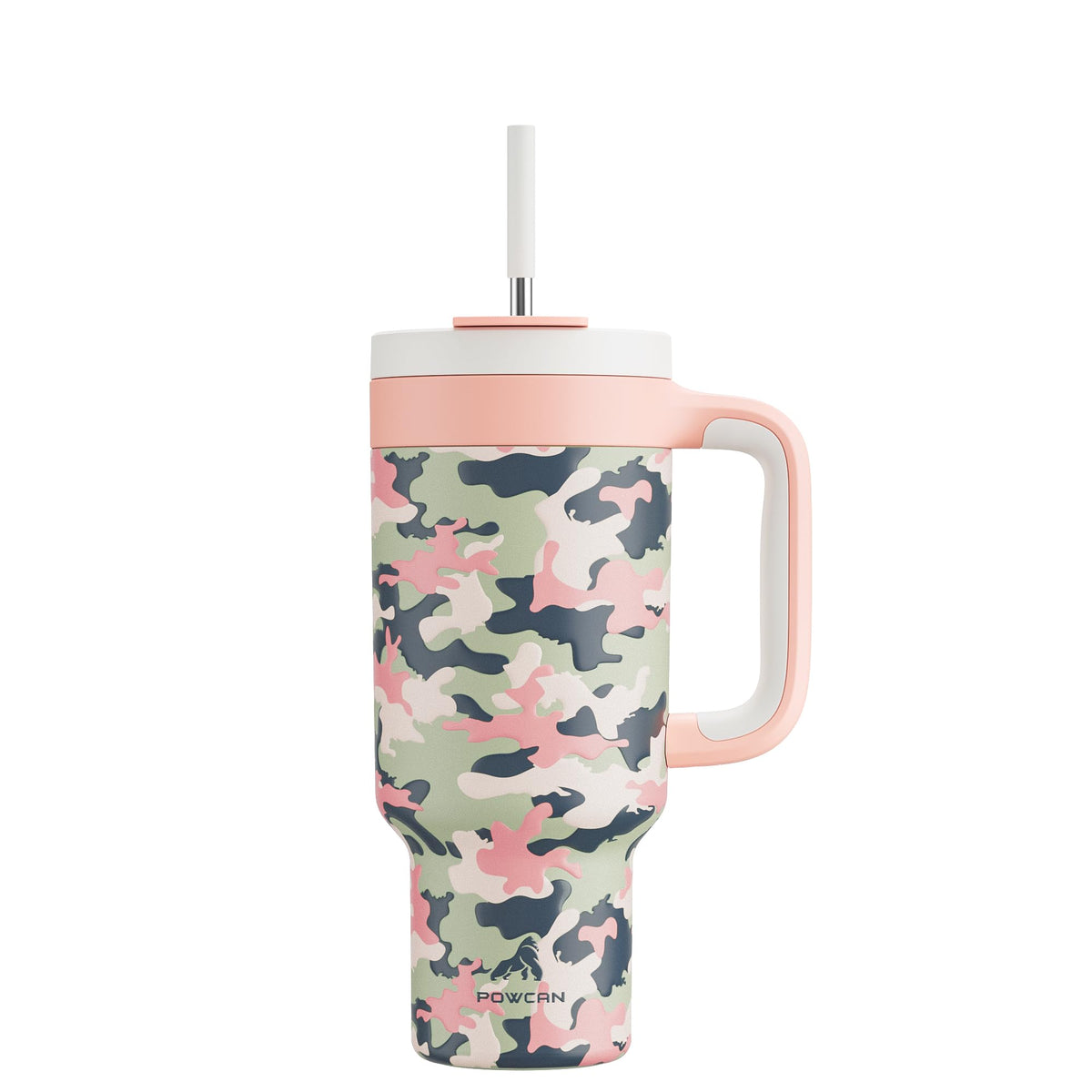 POWCAN 40oz camo tumbler in rose dappled keeps drinks cold on the go.