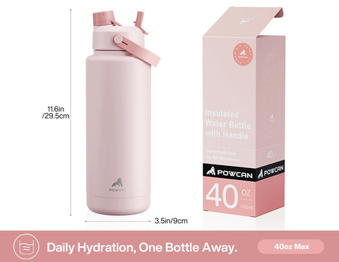 POWCAN 40oz insulated bottle 2-in-1 lid in action for sipping and pouring.