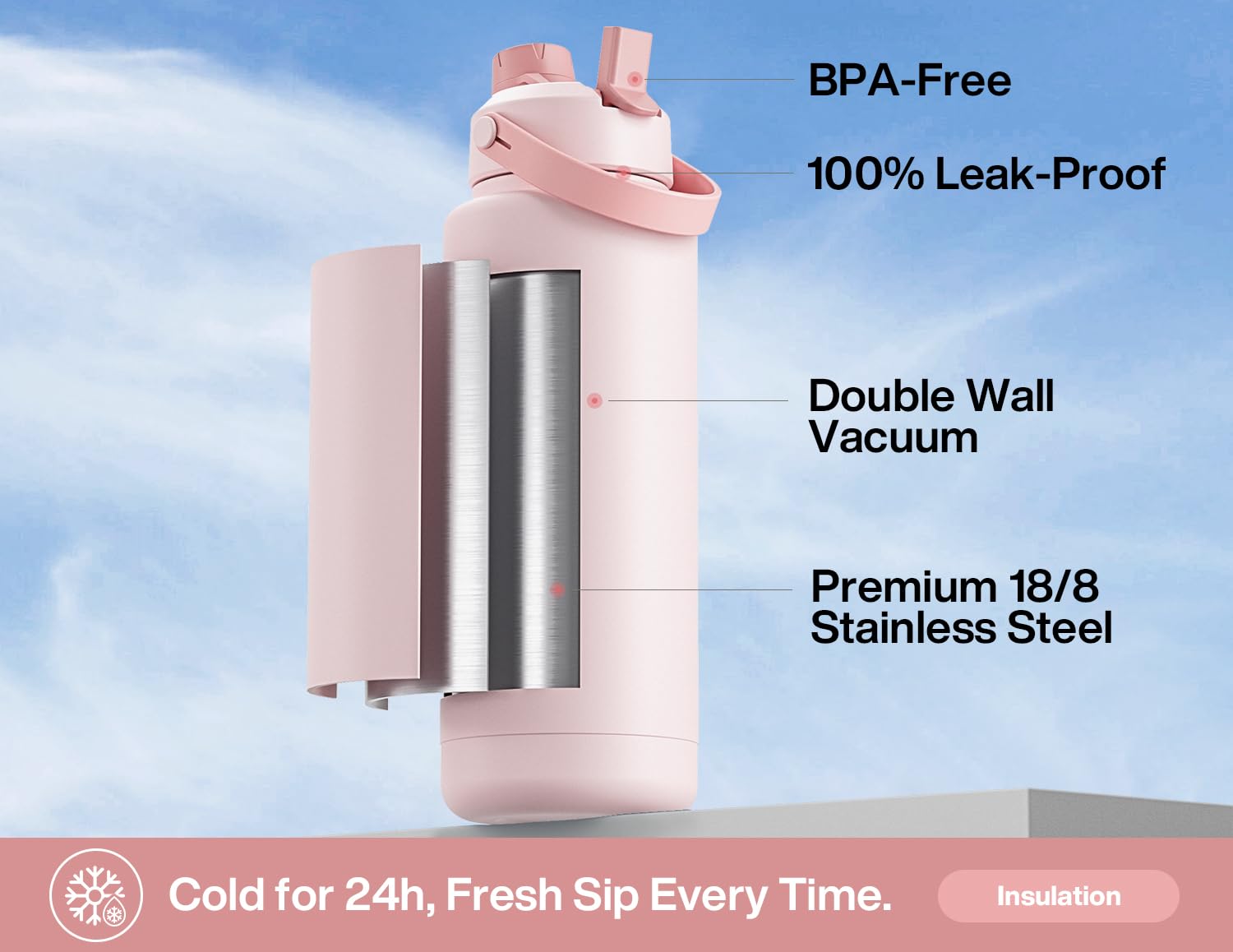 POWCAN 40oz insulated bottle stainless steel body highlighting durable construction for gym sessions.