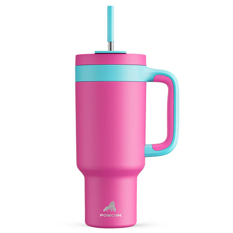 POWCAN 40 oz tumbler with handle in Petal keeps drinks at the ideal temperature on the go.