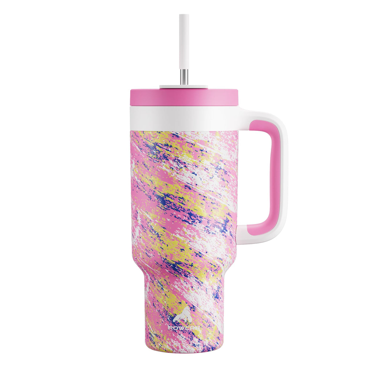 Powcan 40oz tumbler with pink handle keeps drinks cold and portable.