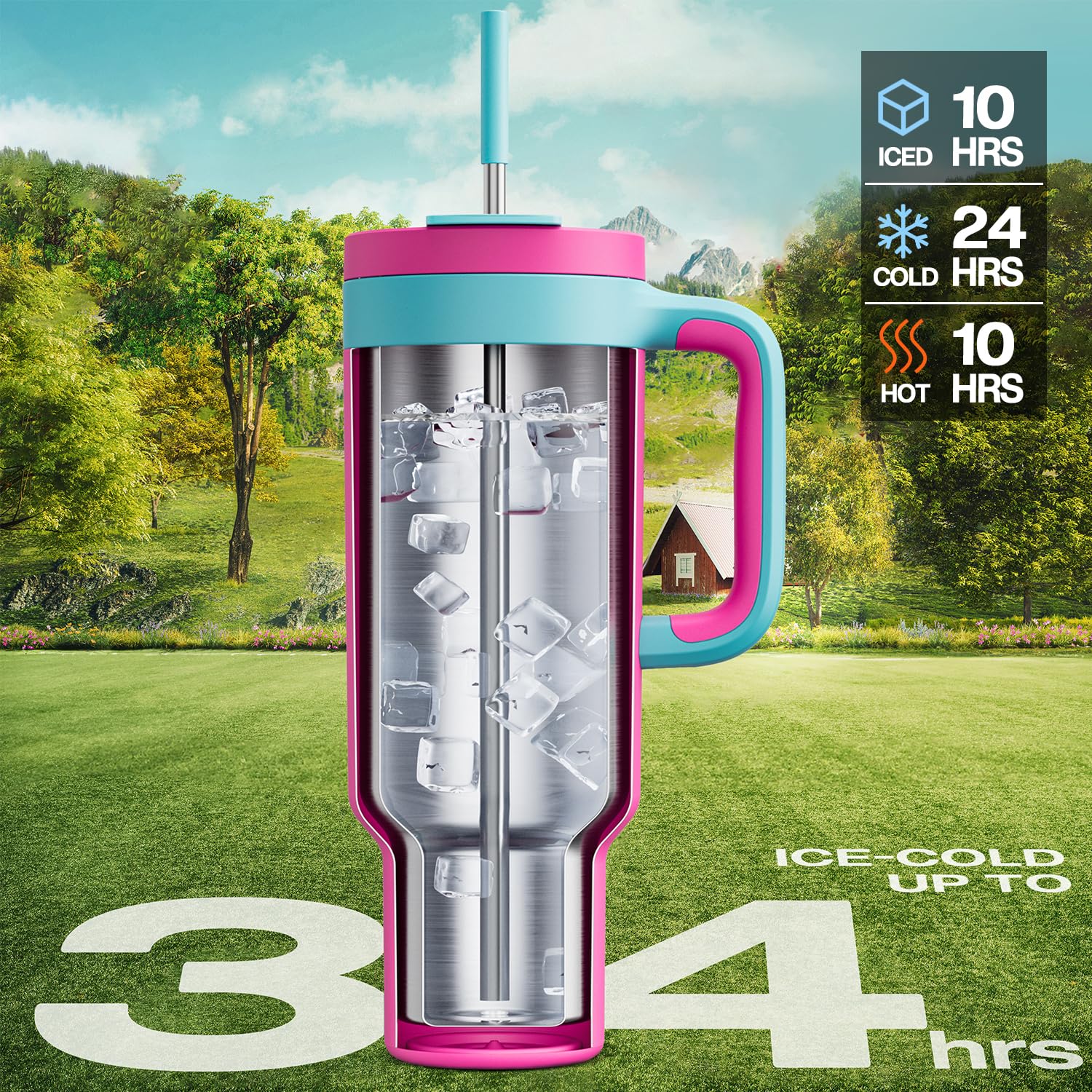 POWCAN 50 oz tumbler straw lid enables easy sipping on hikes.