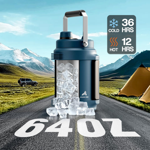 Powcan 64oz insulated bottle keeps drinks cold for hours during workouts.