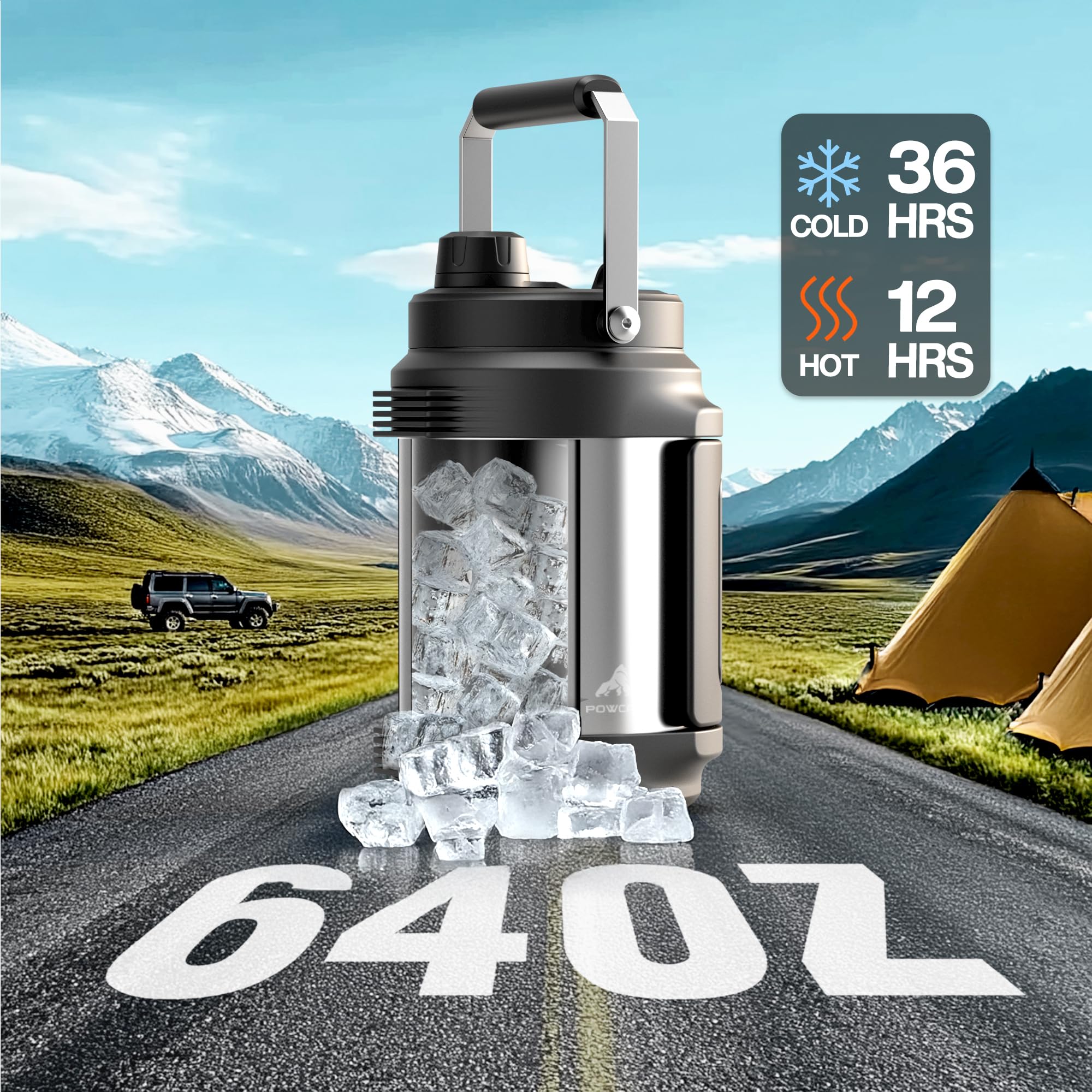 POWCAN 64oz bottle with 2-in-1 lid for sipping and pouring on the go