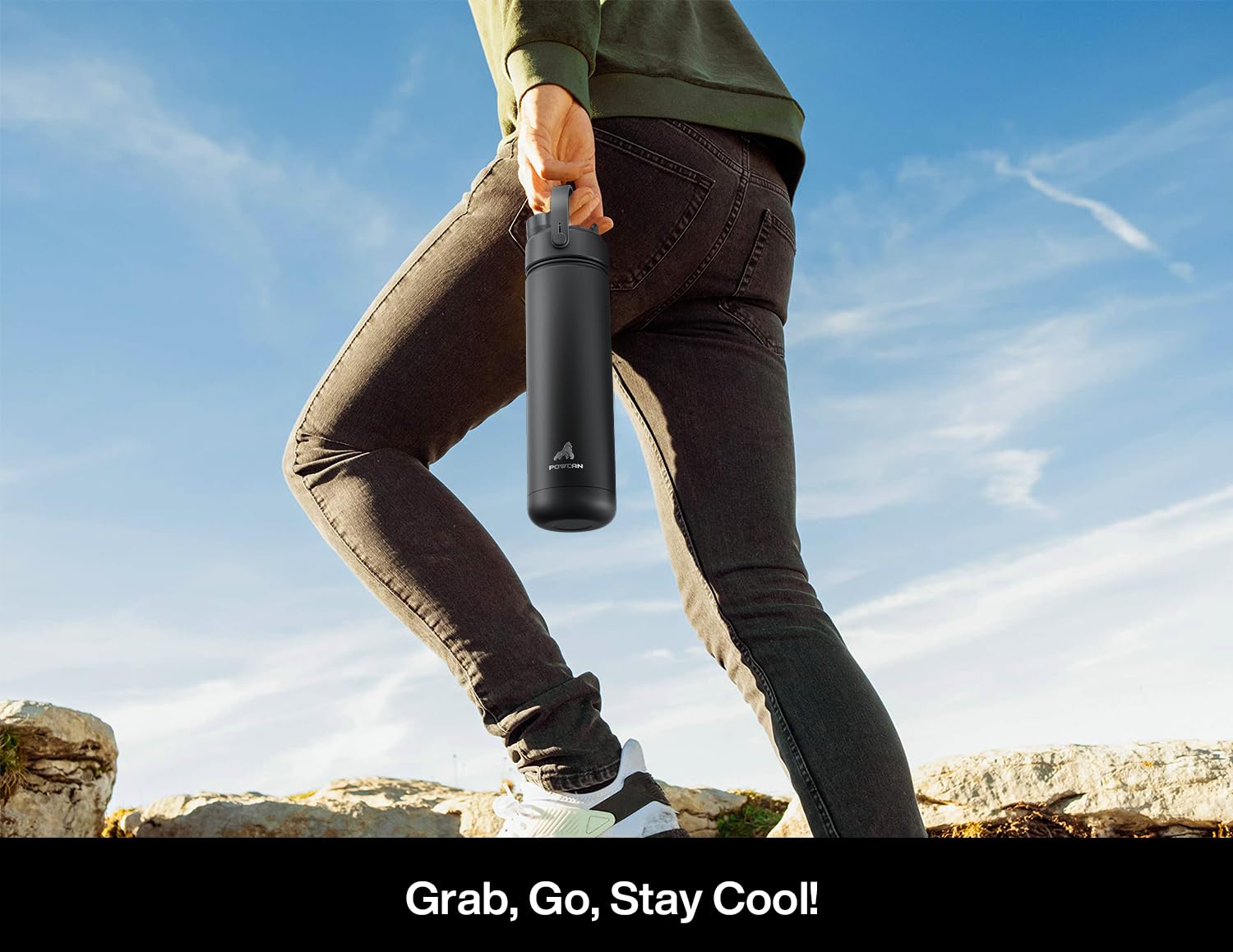 POWCAN bottle in a bag to show spill-proof travel readiness.