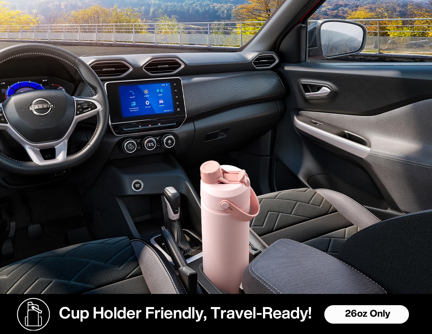 POWCAN bottle in cup holder illustrating travel-friendly size fits most vehicles.