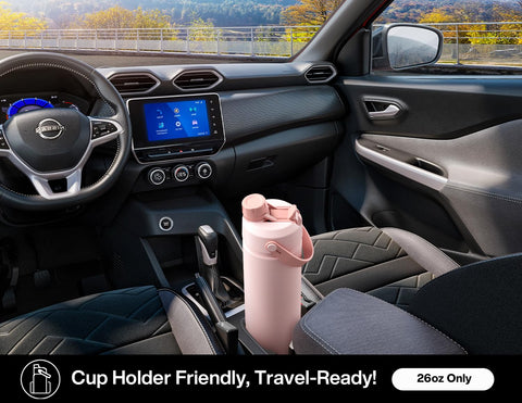 POWCAN bottle in cup holder illustrating travel-friendly size fits most vehicles.