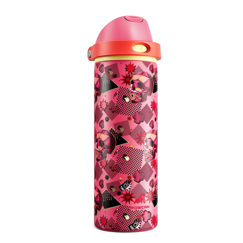 POWCAN Candy Vandal skull bottle close-up shows bold neon pink hydration design.