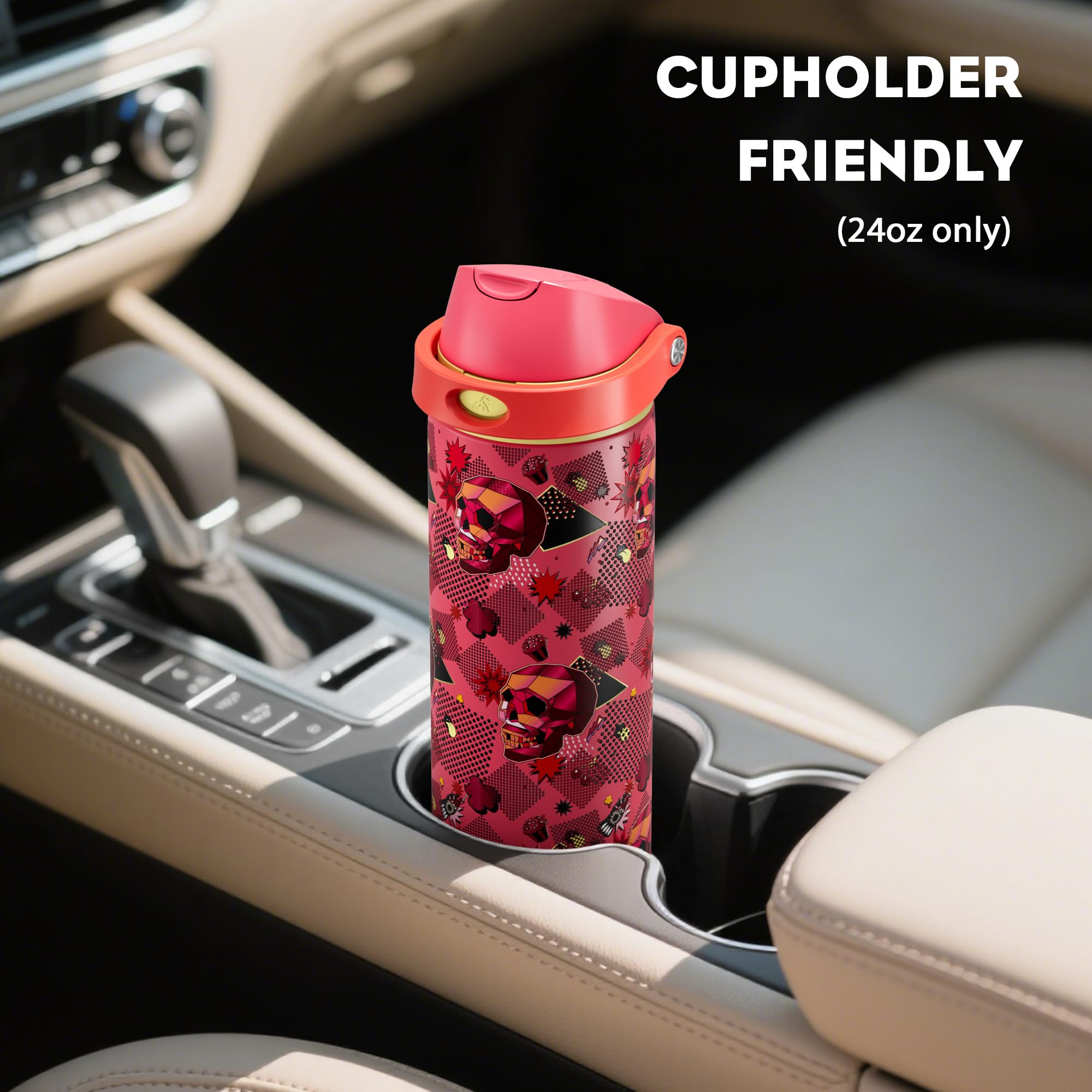 POWCAN 24 oz fits car cup holders and backpacks for on-the-go hydration.