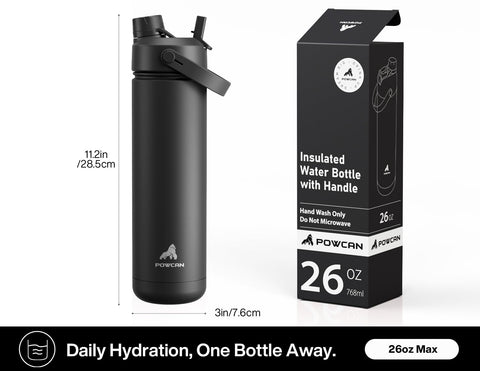 POWCAN bottle with ice to emphasize 24-hour cold performance.