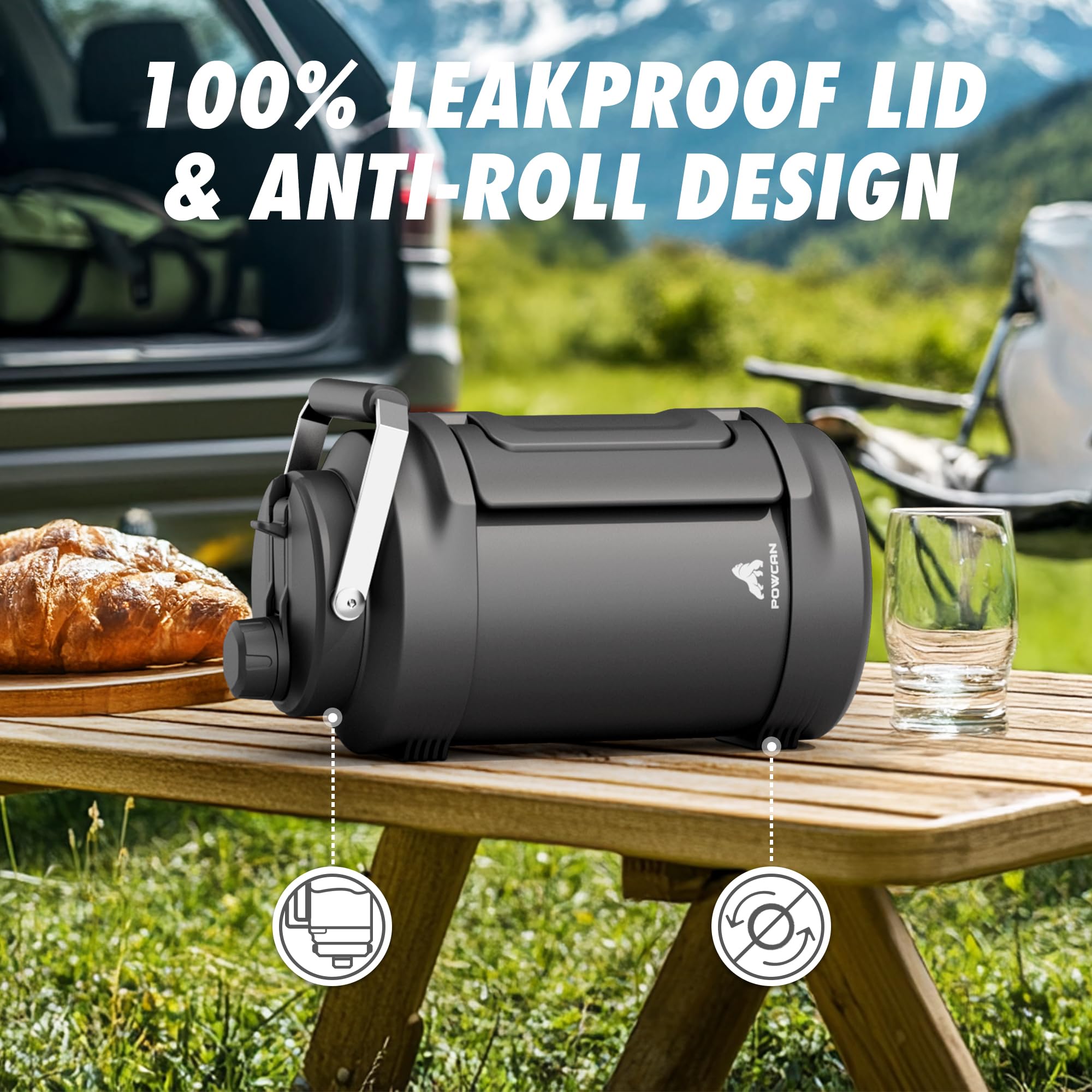 POWCAN leakproof cap demonstrated in tipped position for mess-free travel