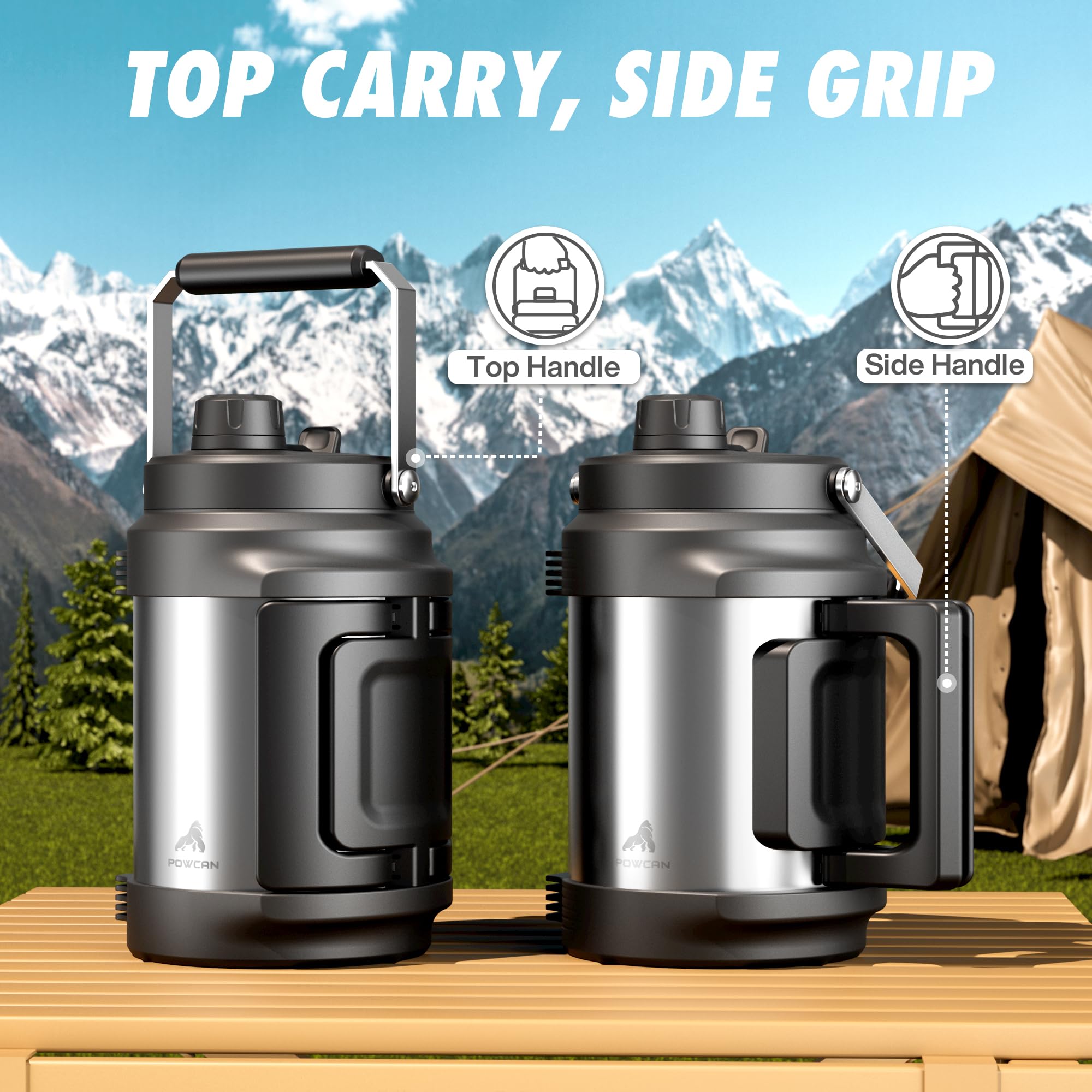 POWCAN bottle with foldable side handle for comfortable long-hike carrying