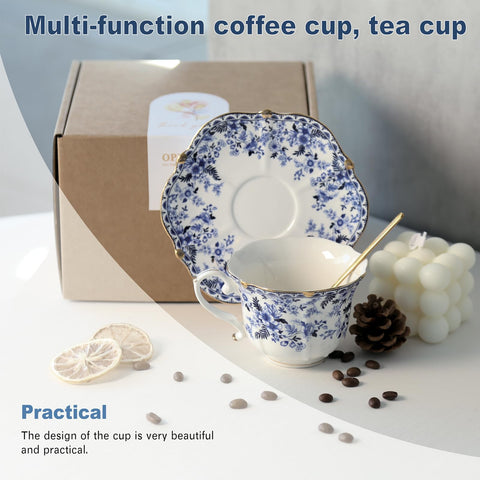 Powdonunt blue floral saucer pattern complements the cup elegantly.