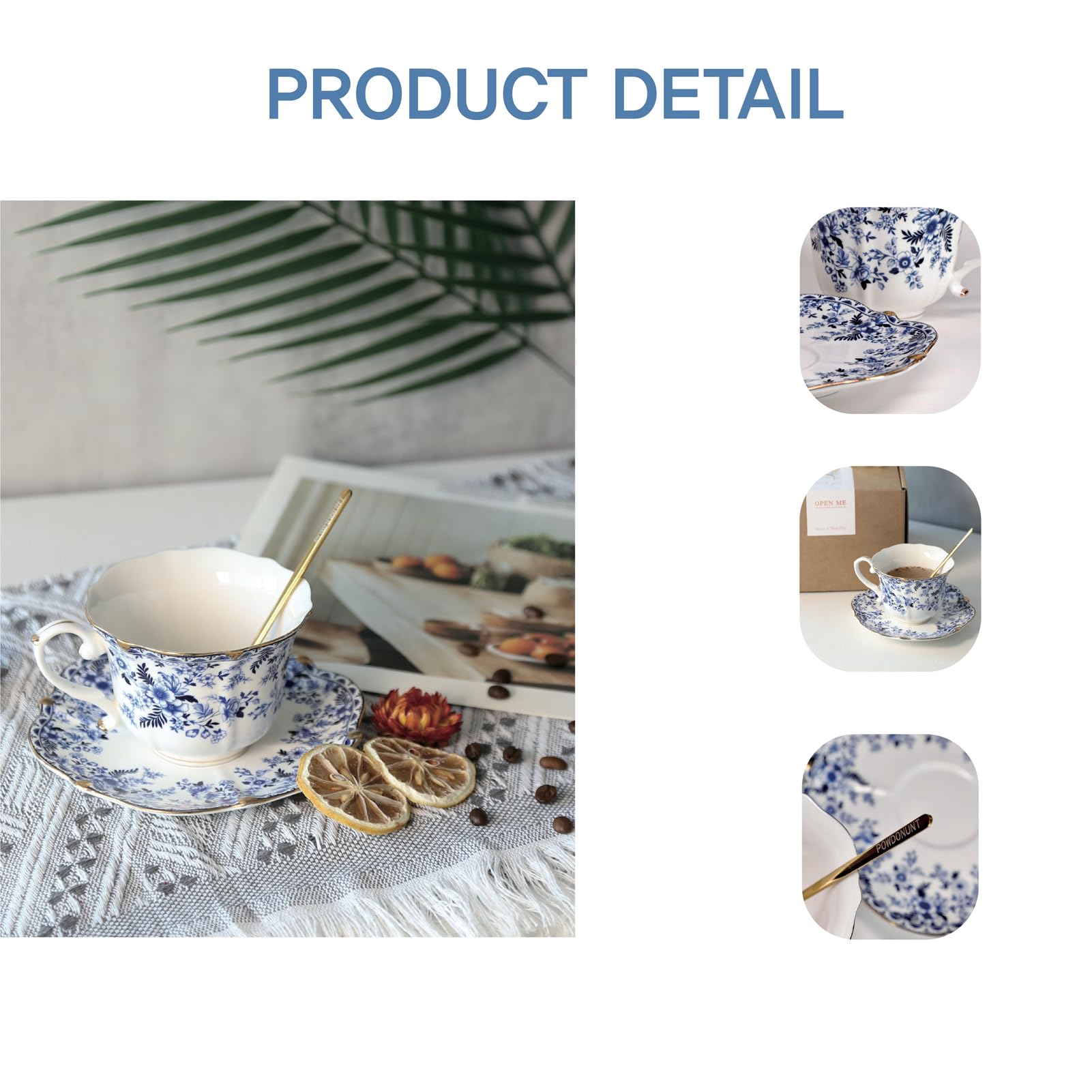 Powdonunt tea cup side view highlights comfortable handle design.