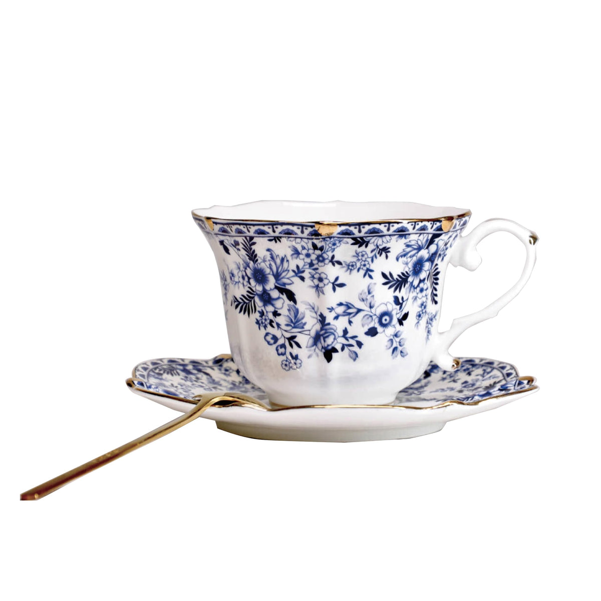 Powdonunt vintage floral blue tea cup with saucer and spoon set.