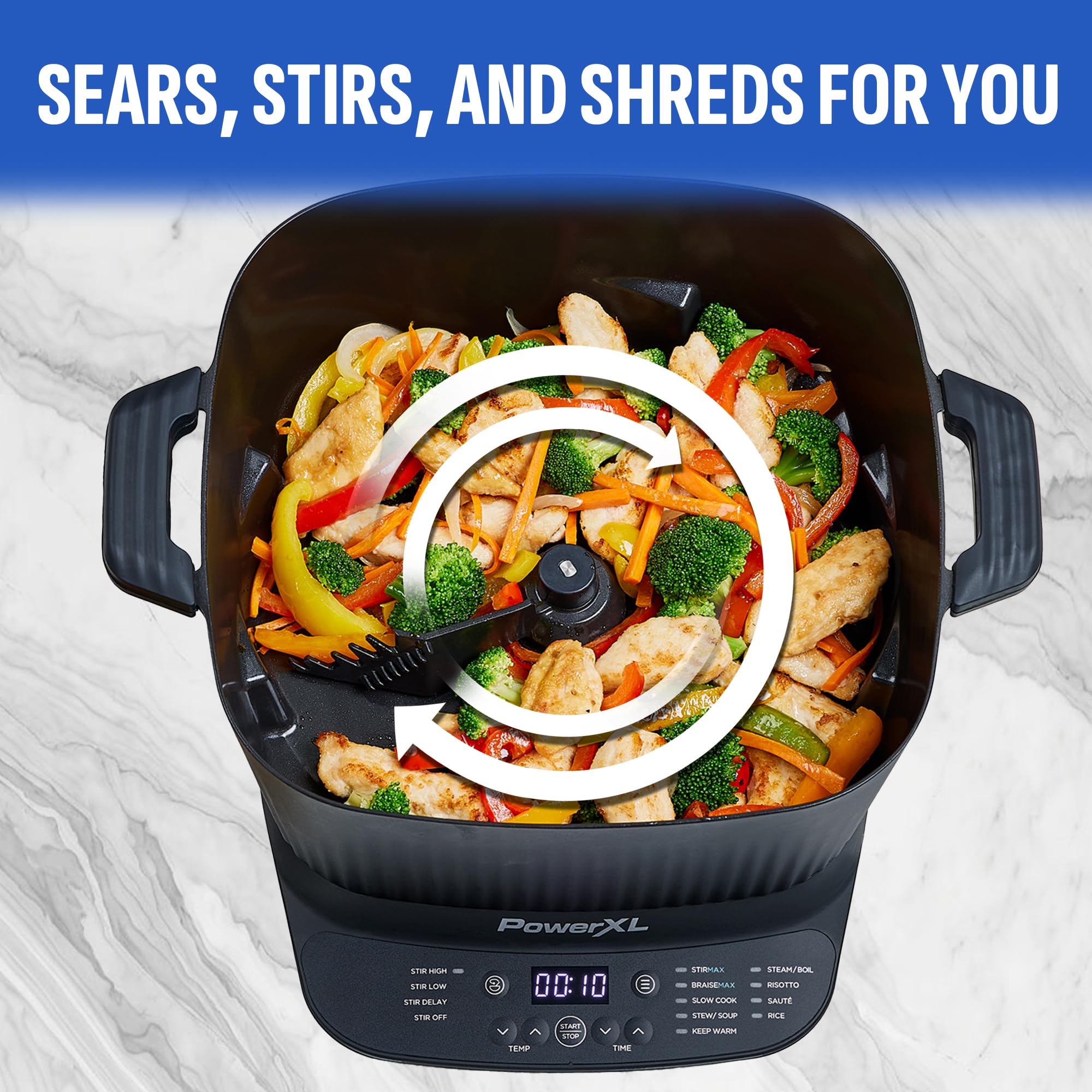 PowerXL StirMax Deluxe 7.5-quart capacity for family meals.