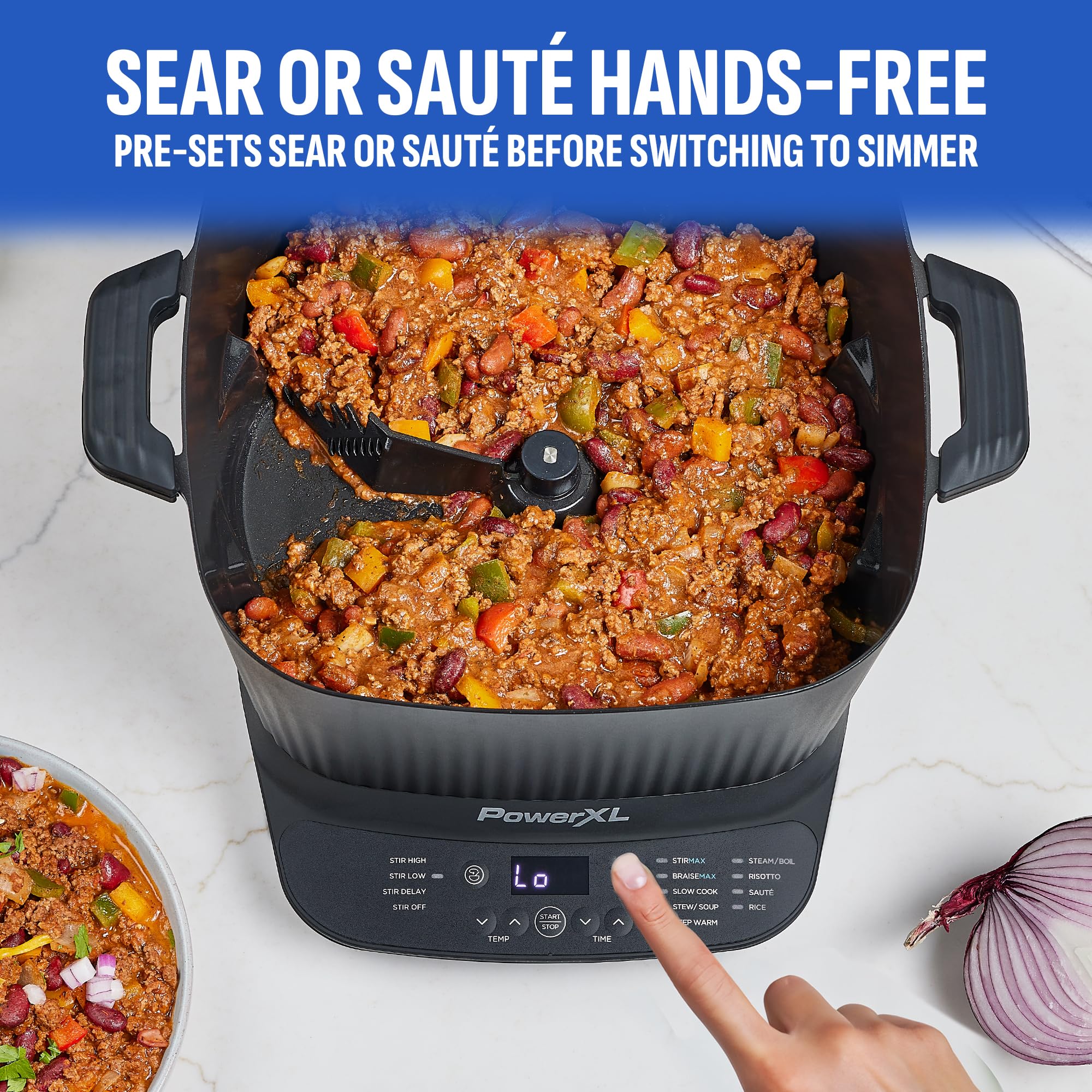 PowerXL StirMax Deluxe presets for sauté, sear, and brown meals.