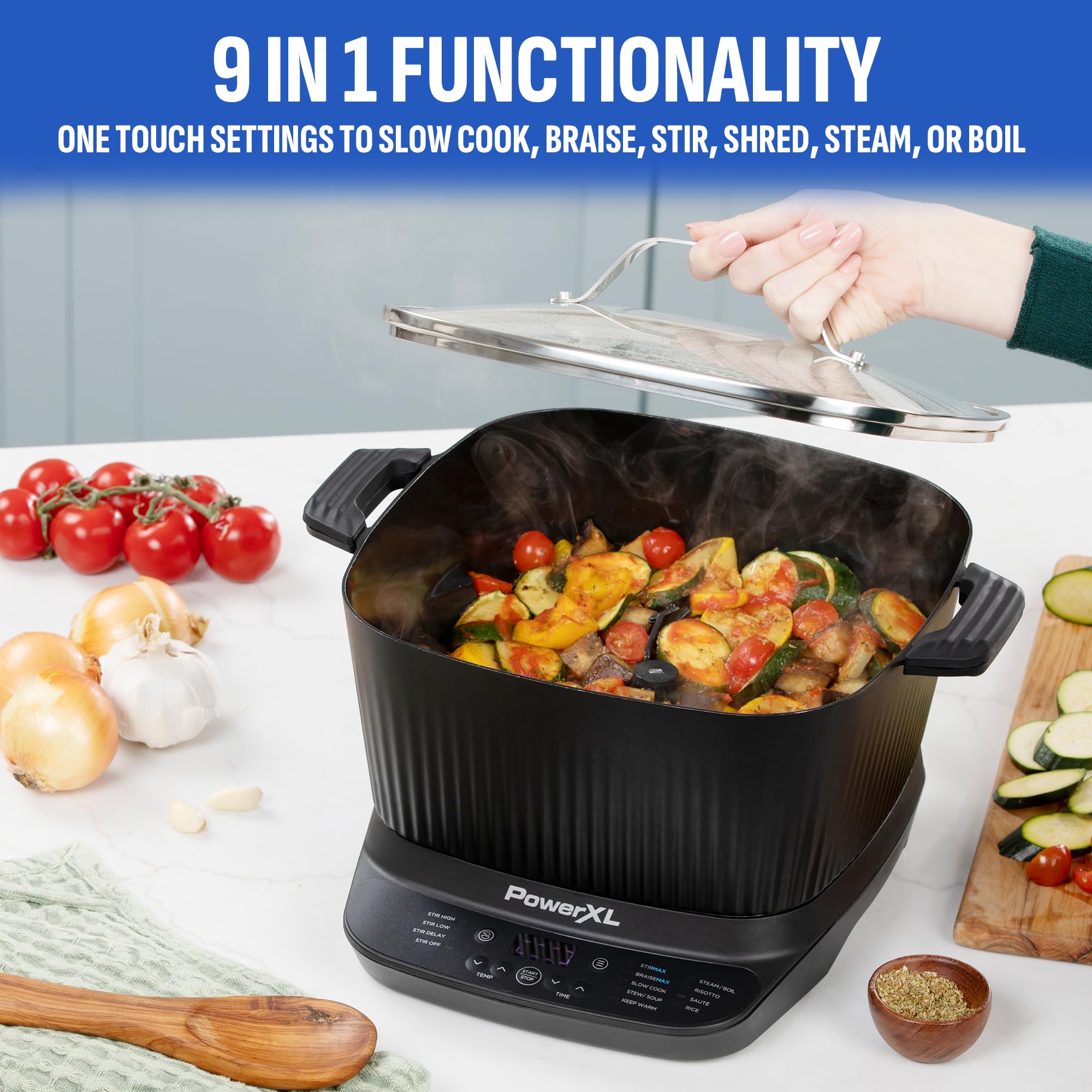 PowerXL StirMax Plus auto-sauté and sear presets deliver browning and flavor