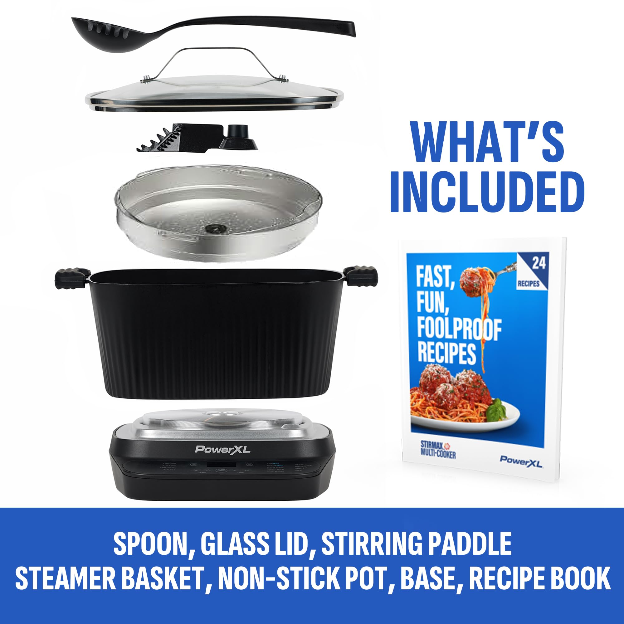 PowerXL StirMax Plus dishwasher-safe pot, lid, and paddle simplify cleanup