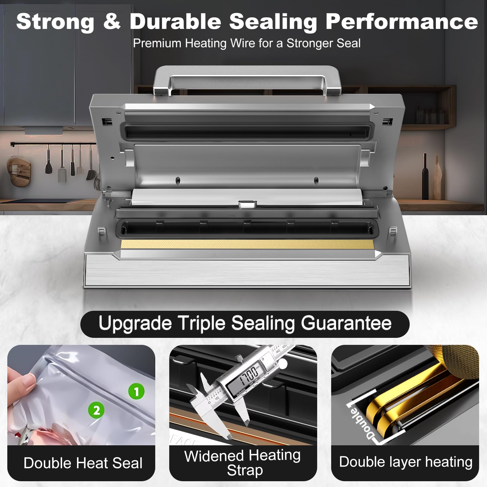 Powot Vacuum Sealer with built-in cutter and bag storage for neat customization.