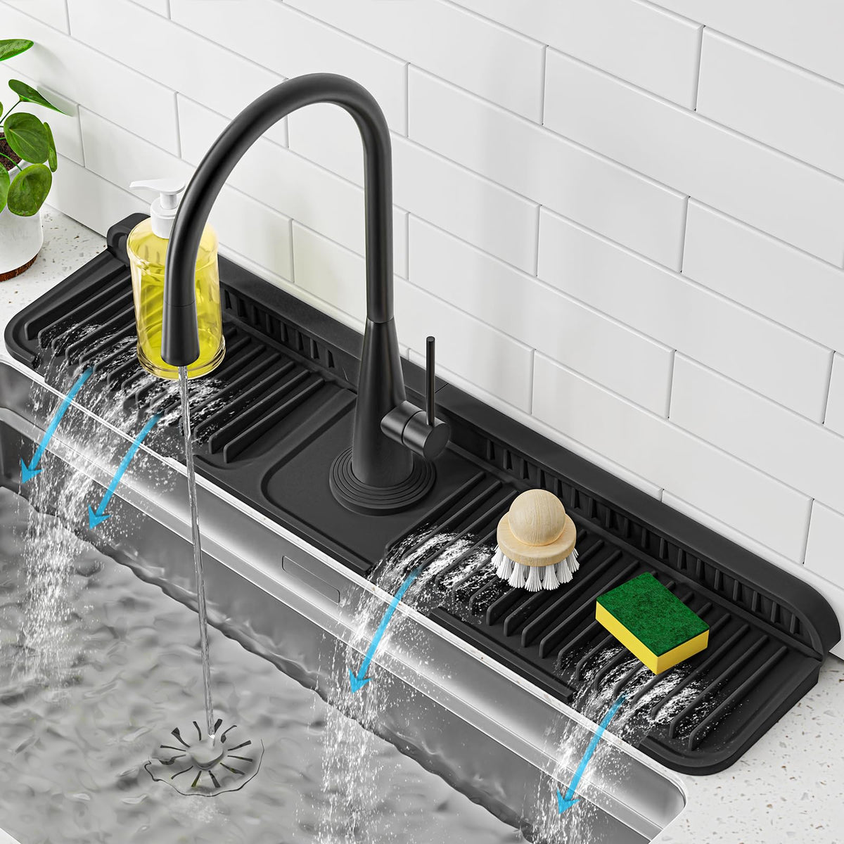 PoYang faucet mat in black provides wide splash protection under the faucet.