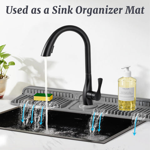 PoYang organizer mat offers space for soap, sponge, and dispenser