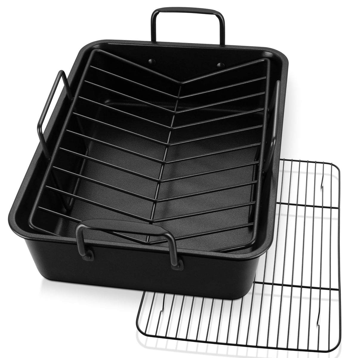 P&P CHEF 16-inch roaster pan with handles for easy lifting.