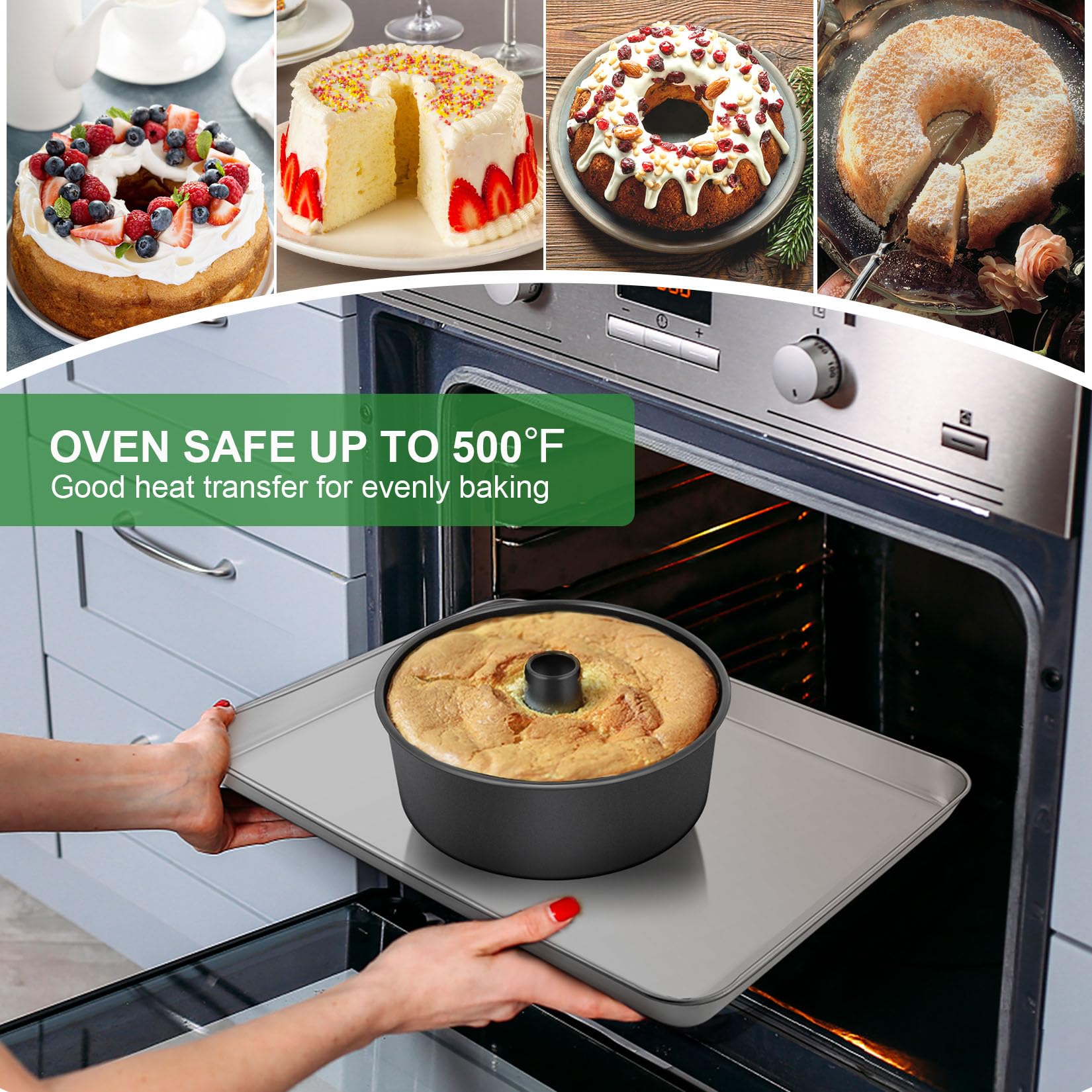 P&P CHEF angel cake pan 4-inch depth contains more batter.