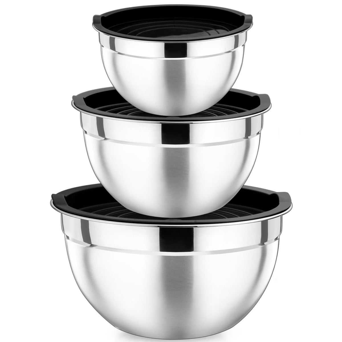 P&P CHEF black mixing bowls 1.5qt with lid, perfect for prep and compact storage.