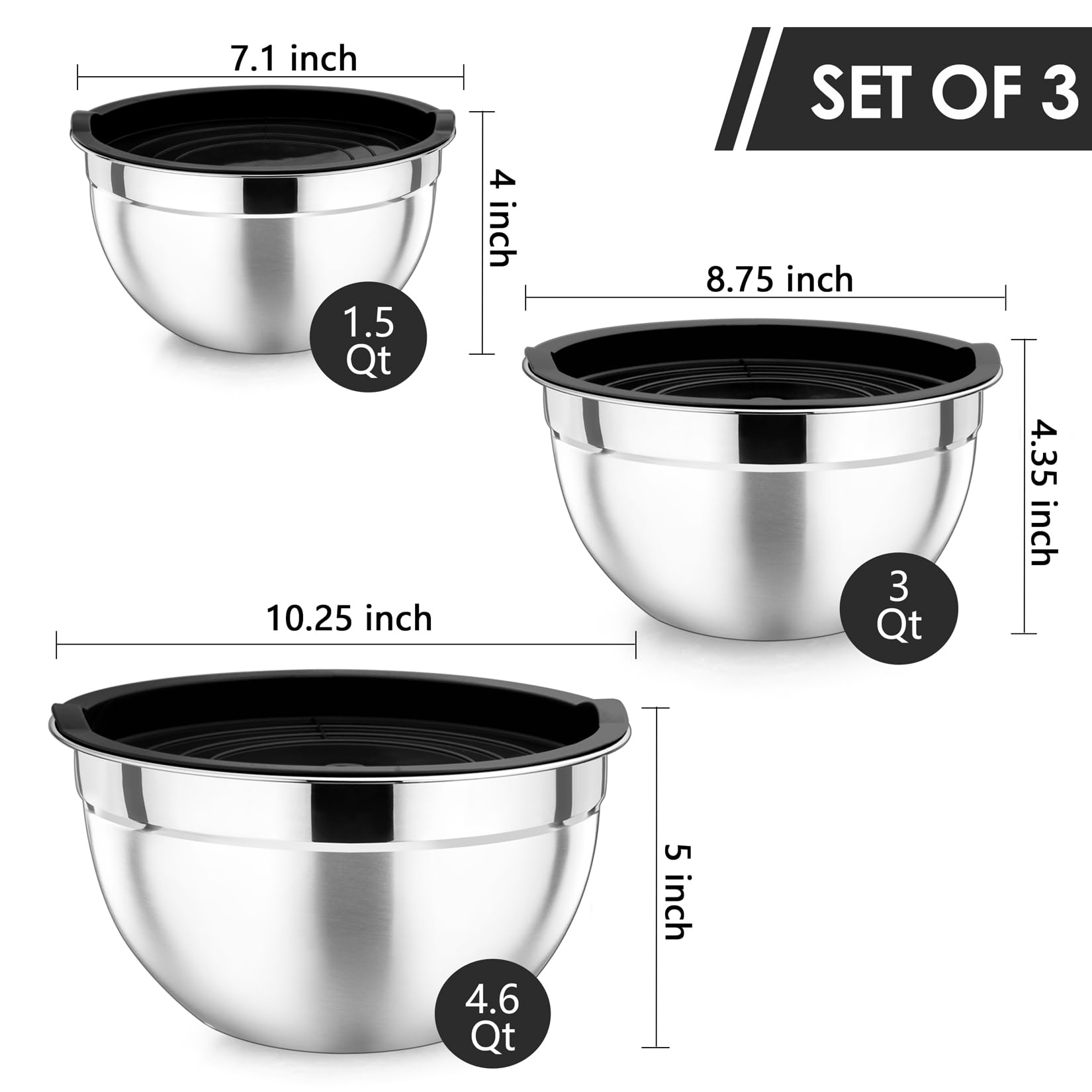 P&P CHEF black mixing bowls 3qt, convenient nesting for space-saving organization.