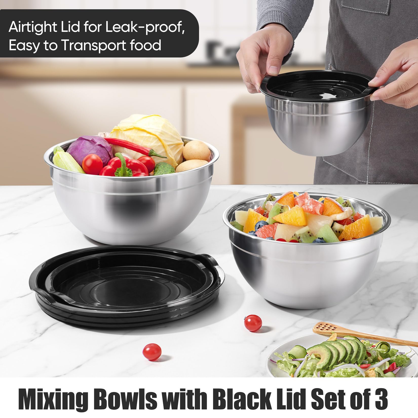 P&P CHEF black mixing bowls 4.6qt, deep design prevents splashes during mixing.