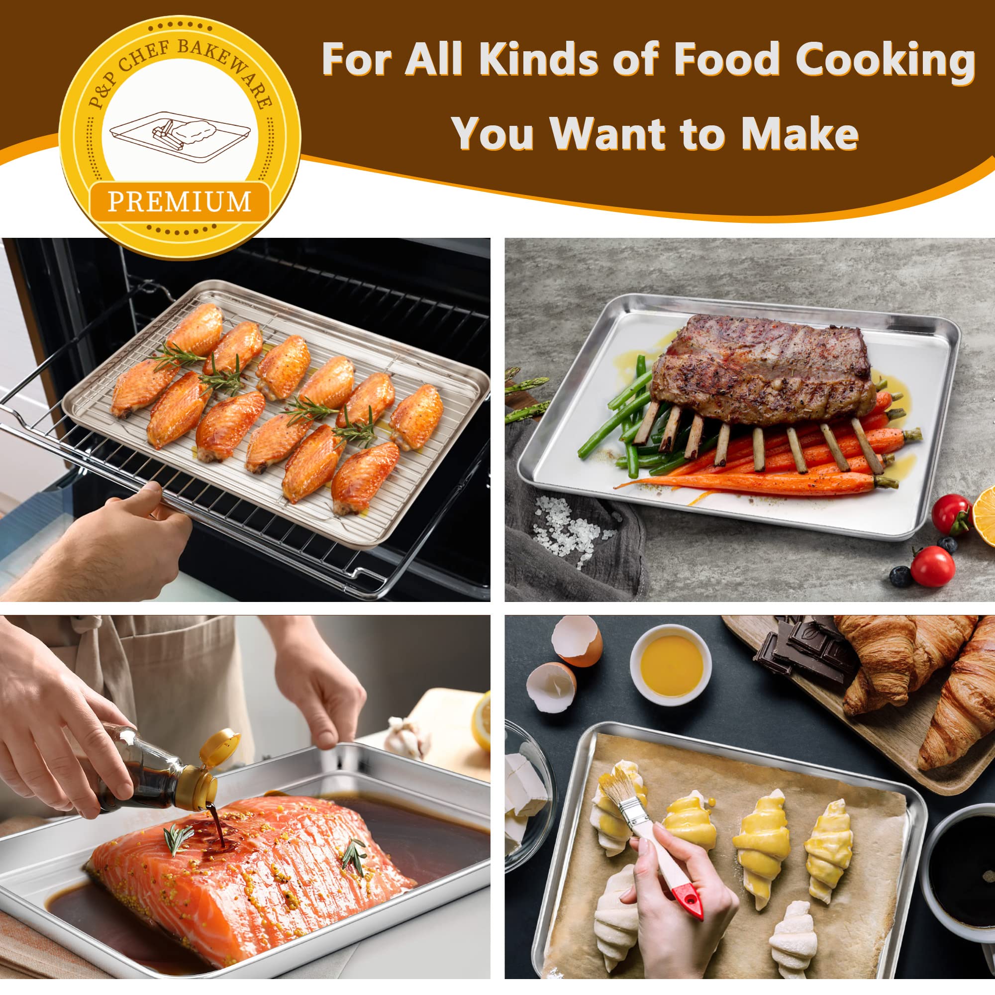 P&P CHEF deep rim baking pan helps contain juices and drips.