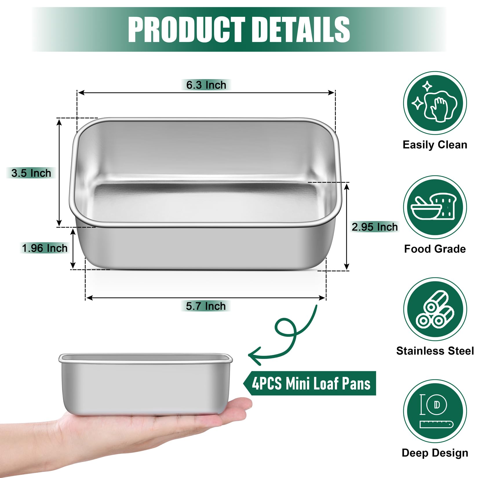 Interior brushed finish on P&P CHEF mini loaf pans reduces sticking.