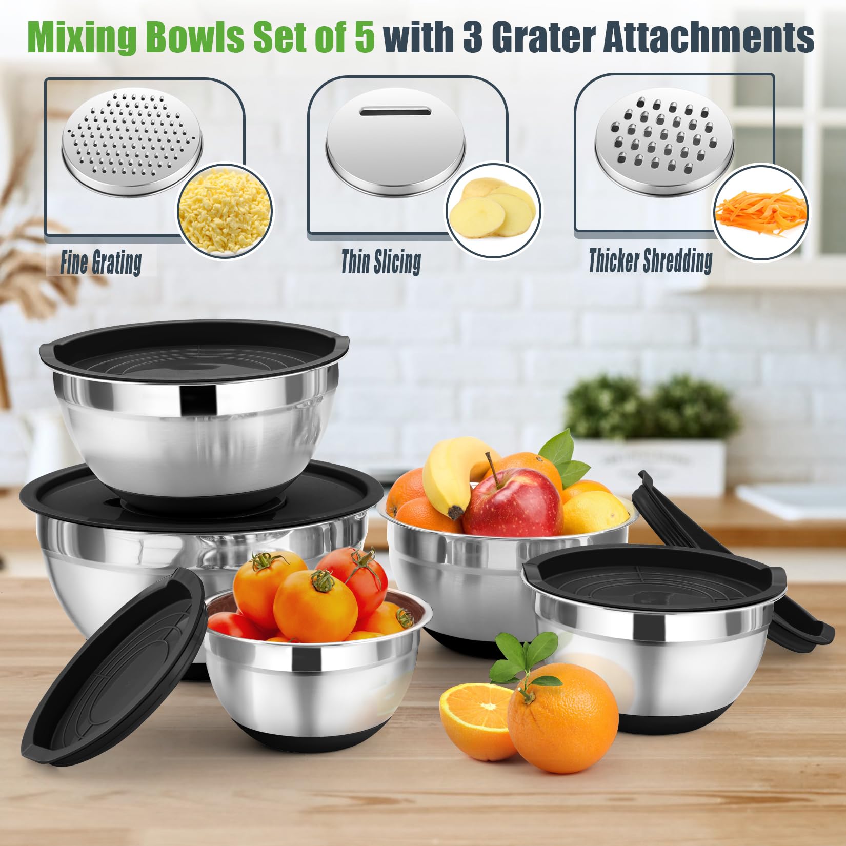 P&P CHEF mixing bowl lid assembly showing airtight lids for fresh ingredients.