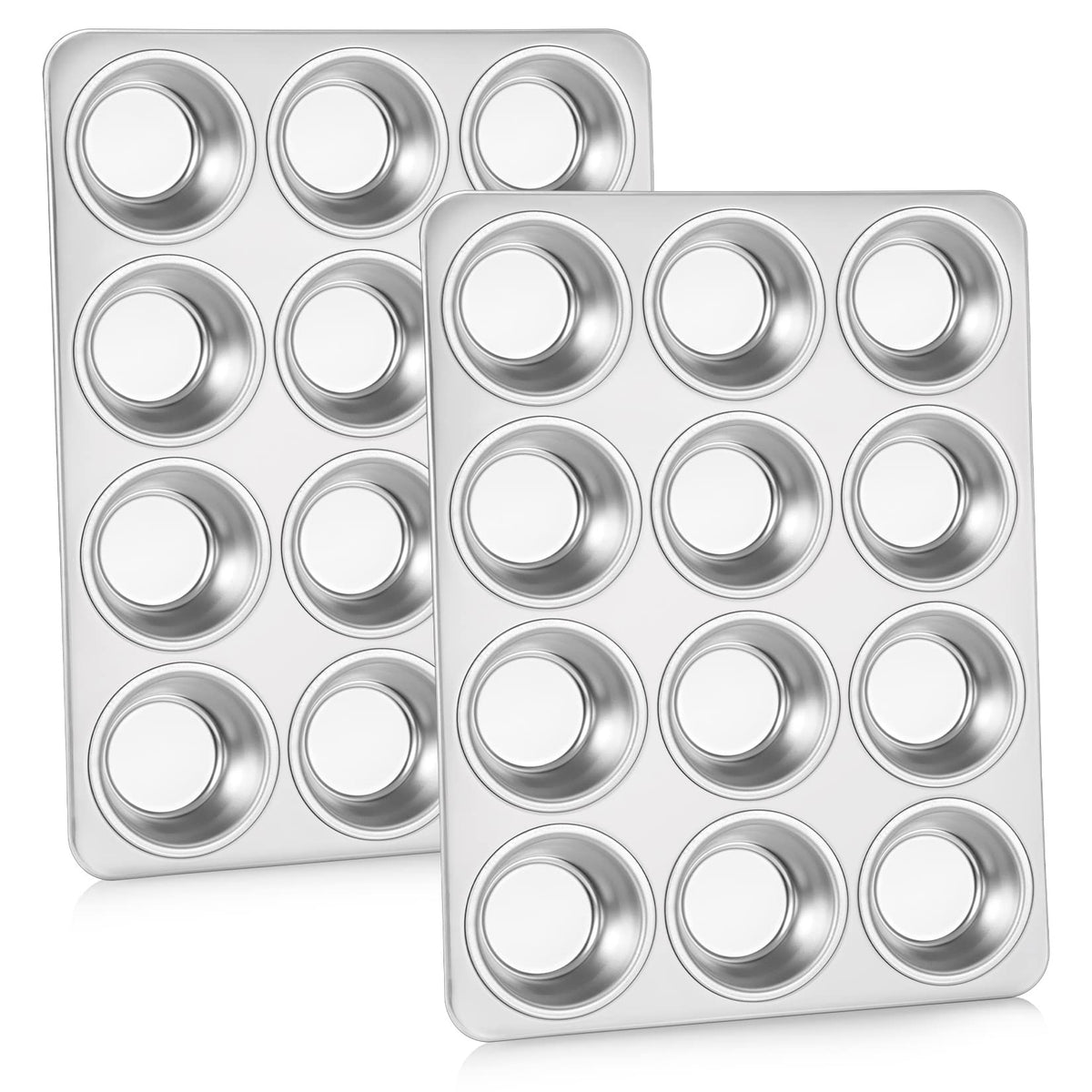 P&P CHEF muffin pan 12-cup top view shows sturdy stainless steel for even baking