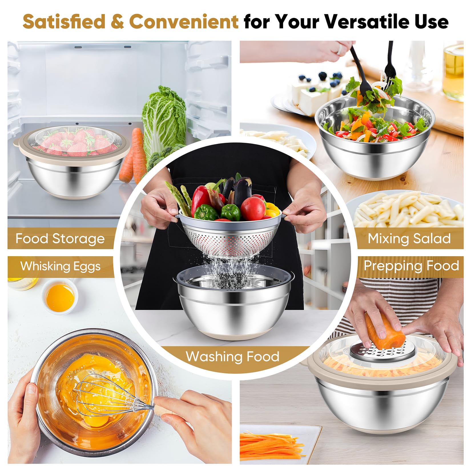 P&P CHEF bowls' non-slip bottoms keep surfaces steady during mixing.
