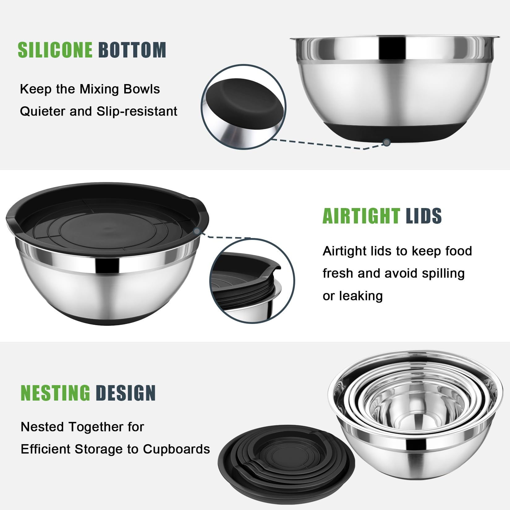 P&P CHEF non-slip silicone bottom keeps bowls stable during mixing.