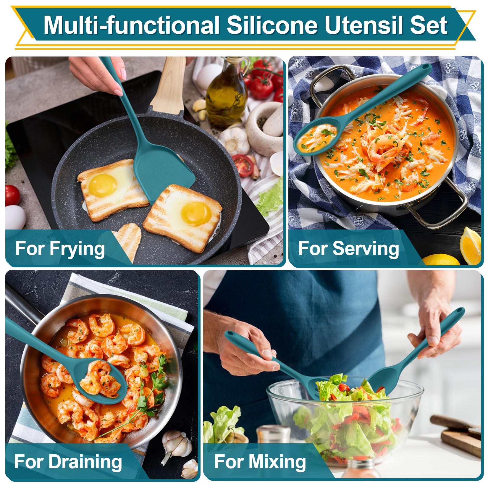 P&P CHEF slotted spoon in blue silicone for serving and draining